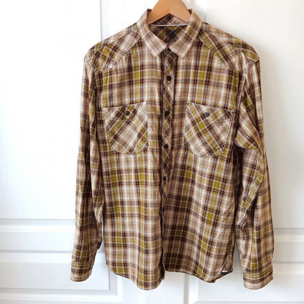 REI Men's Brown/Citron Plaid Western Style Button Front Cotton Shirt Size M
